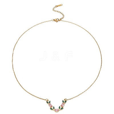 Brass Pave Cubic Zirconia Leaf V Shaped Pendant Necklaces for Women WG6C61B-02-1