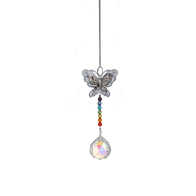 Glass Round Ball Sun Catcher Hanging Prism Ornaments with Iron Butterfly HJEW-PW0002-14A-1