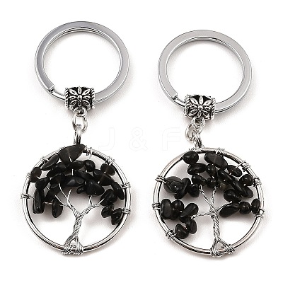 Natural Obsidian Flat Round with Tree of Life Pendant Keychain KEYC-E023-03U-1