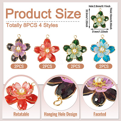 8Pcs 4 Colors Glass Pendants PALLOY-TA00350-1