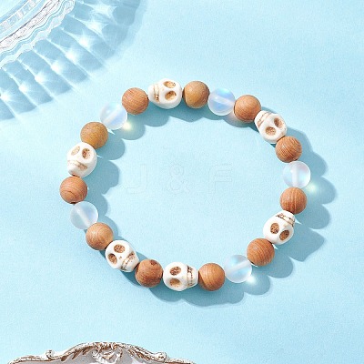 Natural Wood Round Beads Stretch Bracelets for Women BJEW-JB12588-1
