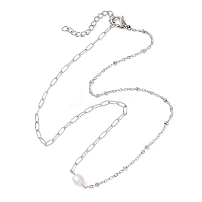 Natural Pearl Rice & 304 Stainless Steel Satellite Chain Paperclip Chain Necklaces for Women NJEW-JN05822-01-1
