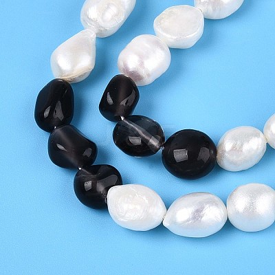 Natural Ice Obsidian Nuggets & Natural Cultured Freshwater Pearl Beads Strands PEAR-N023-01A-06-1