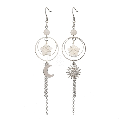 Natural Rainbow Moonstone Beads Moon Star Dangle Earrings EJEW-TA00830-1
