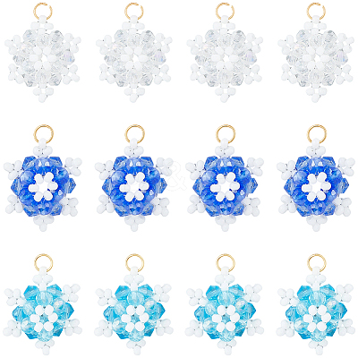 12Pcs 3 Colors Glass Seed Beaded Snowflake Pendants FIND-BBC0004-84-1