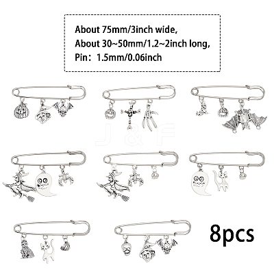 8Pcs 8 Style Halloween Pumpkin & Skull & Witch & Cat Zinc Alloy Charms Safety Pin Brooches Set JEWB-FH0001-30-1