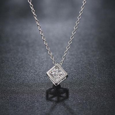 Silver Color Plated Brass Cubic Zirconia Cube Pendant Necklace NJEW-BB00455-1