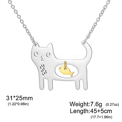 Two Tone 304 Stainless Steel Holow Cute Cat with Fish Pendant Necklaces for Women WGEC842-03-1