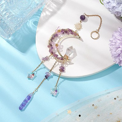 Wire Wrapped Natural Amethyst Chips Moon Hanging Ornaments HJEW-JM02621-02-1