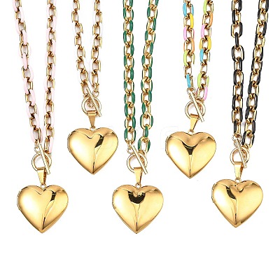 304 Stainless Steel Enamel Photo Heart Locket Pendant Cable Chain Necklaces with OT Clasps for Women Men NJEW-JN06005-1