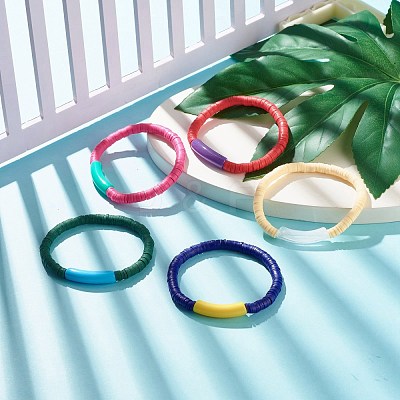 Handmade Polymer Clay Beaded Stretch Bracelets BJEW-JB07781-1