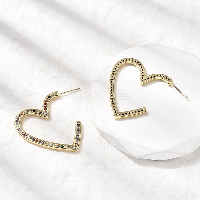 Heart Brass Micro Pave Cubic Zirconia Stud Earrings EJEW-F395-01B-1