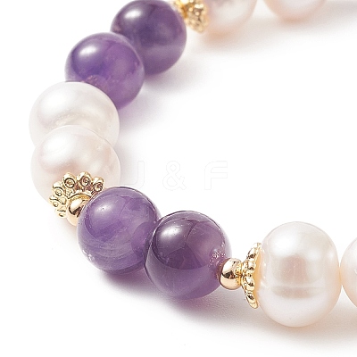 Natural Amethyst & Pearl Round Beaded Stretch Bracelet for Women BJEW-JB09246-01-1