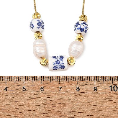 Natural Pearl Rice & Handmade Chinoiserie Floral Printed Porcelain Beaded Necklaces with Brass Round Snake Chains for Women NJEW-JN06400-1