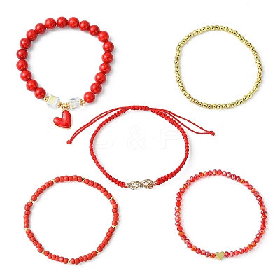 5Pcs 5 Style Glass & Brass Beaded Stretch Bracelets Set BJEW-TA00298-1