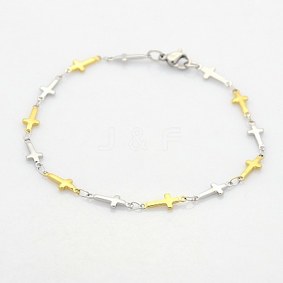 Two Tone Religious Catholic Jewelry 304 Stainless Steel Cross Link Chain Bracelets STAS-O036-09M-1
