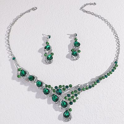 Teardrop Alloy Rhinestone Bib Necklaces & Stud Earring Sets for Women FS-WG2AA93-01-1