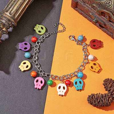 Halloween Dyed Synthetic Turquoise Skull Pendant Brass Cable Chains Bracelets BJEW-TA00471-1