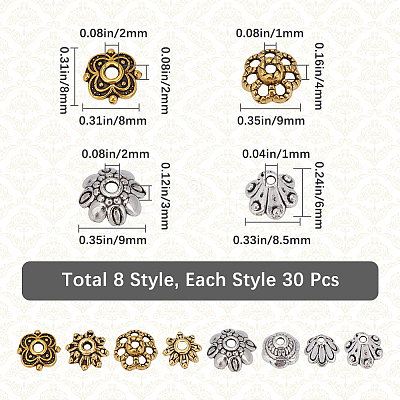 240Pcs 8 Styles Tibetan Style Alloy Flower Bead Caps FIND-SP0001-63-1