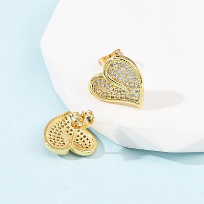 Heart Brass Micro Pave Cubic Zirconia Stud Earrings EJEW-B153-19G-02-1