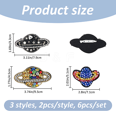 6Pcs 3 Styles Glass Rhinestone & Wool Planet Brooches JEWB-FH00040-1