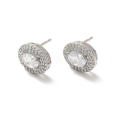Clear Cubic Zirconia Oval Stud Earrings EJEW-K093-15P-1