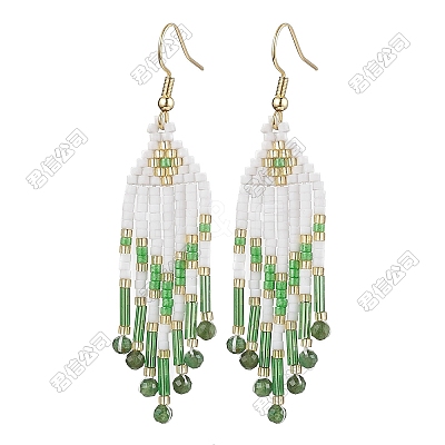Woven Seed Beads & Natural Fuchsite Tassel Dangle Earrings EJEW-FS00066-1