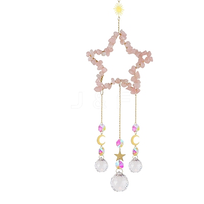 Natural Rose Quartz Chip Wrapped Metal Star Hanging Ornaments PW-WG25242-03-1