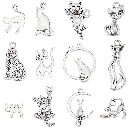 SUNNYCLUE 96Pcs 12 Styles Tibetan Style Alloy Kitten Pendants FIND-SC0007-17-1