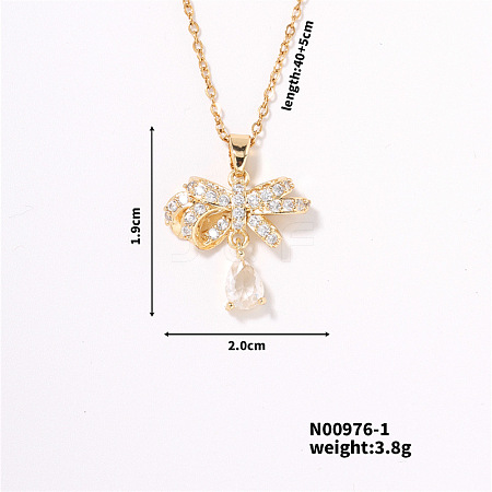 Shimmering Brass Pave Clear Cubic Zirconia Bowknot Pendant Necklaces for Women IA2622-1