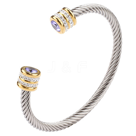 June Twisted Stainless Steel Rhinestone Open Cuff Bangles VG2033-6-1