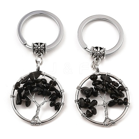Natural Obsidian Flat Round with Tree of Life Pendant Keychain KEYC-E023-03U-1