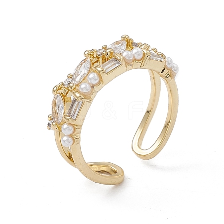 Clear Cubic Zirconia Horse Eye Open Cuff Ring with Plastic Pearl Beaded RJEW-G276-12G-1