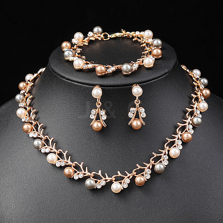 Alloy Rhinestone & Plastic Imitation Pearl Leaf Link Chain Necklaces & Stud Dangle Earrings & Link Bracelets Sets WG65A67-02-1