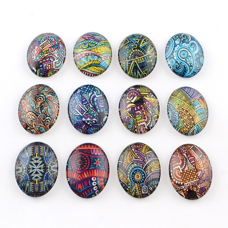Mixed Pattern Glass Oval Flatback Cabochons for DIY Projects GGLA-R022-40x30-100-1