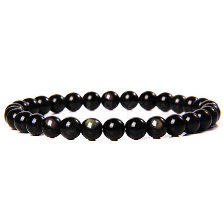 Natural Golden Sheen Obsidian Stone Round Beaded Stretch Bracelet SF8562-24-1