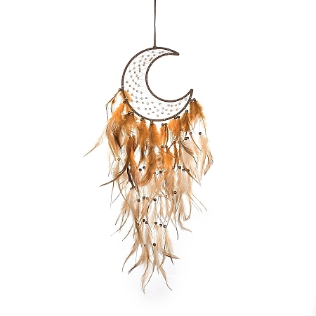 Moon Woven Web/Net with Feather Hanging Ornaments HJEW-G025-09B-1