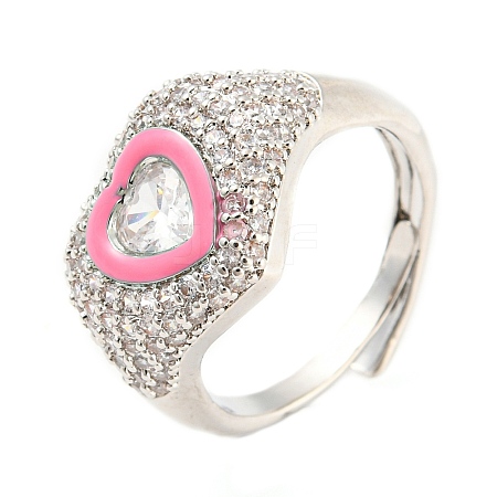 Enamel Heart Adjustable Ring with Clear Cubic Zirconia RJEW-Q781-01P-03-1