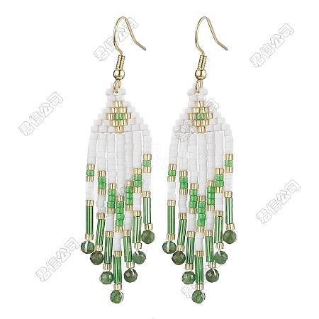 Woven Seed Beads & Natural Fuchsite Tassel Dangle Earrings EJEW-FS00066-1
