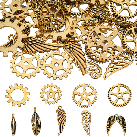 SUNNYCLUE 72pcs 9 styles Tibetan Style Alloy Gear/Feather Pendants TIBEP-SC0002-53-1