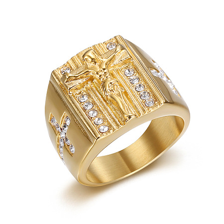 Cross with Jesus Pattern 304 Stainless Steel with Crystal Rhinestone Finger Rings for Men FS-WG78AD7-02-1