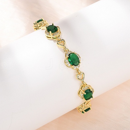 Heart & Oval Brass Micro Pave Cubic Zirconia Link Chain Bracelets for Women BJEW-A163-03G-04-1