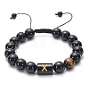 10MM Natural Black Onyx(Dyed & Heated) and Tiger Eye Alphabet Round Braided Bead Adjustable Bracelets for Women DM6424-24-1