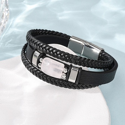 Natural Rose Quartz & Braided Microfiber Leather Multi-strand Bracelets for Women Men GG-CBAEA55-01D-1