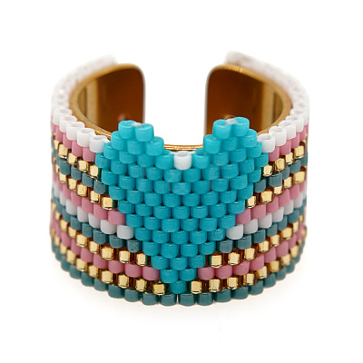 Adjustable Bohemian Style 304 Stainless Steel and Glass Seed Beads Cuff Rings FS-WG09053-01-1