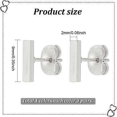 12 Pairs 4 Colors Fashionable 304 Stanless Steel Rectangle Bar Stud Earrings for Men Woman EJEW-AN0003-67-1
