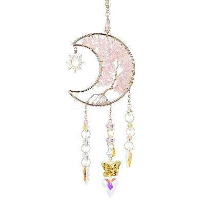 Moon with Tree of Life Natural Rose Quartz Chip Pendant Decorations AJEW-Q143-06-1