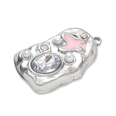 304 Stainless Steel Micro Pave Clear Cubic Zirconia with Pink Enamel & Plastic Pearl Pendants SA-CBA50C9-02P-1