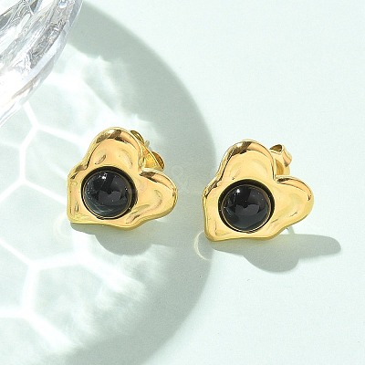 Natural Obsidian & Ion Plating(IP) 304 Stainless Steel Heart Stud Earrings EJEW-A118-04G-01-1