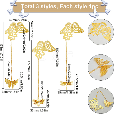 3Pcs 3 Styles Butterfly & Butterfly & Dragonfly Filigree Brass Bookmark with Chains AJEW-SC0002-93G-1